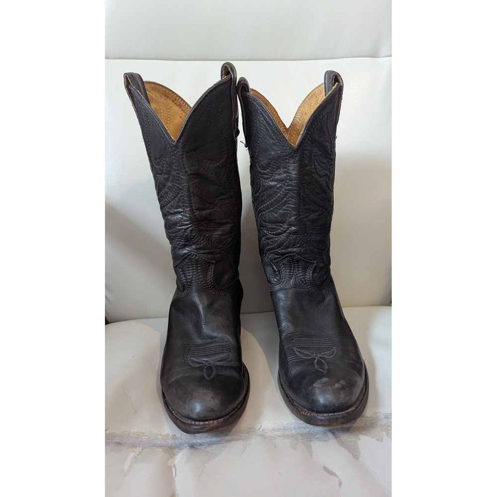Vtg Men 10.5B Black Leather 1977 Stewart Boot Co Embroidered Cowboy Boot Western